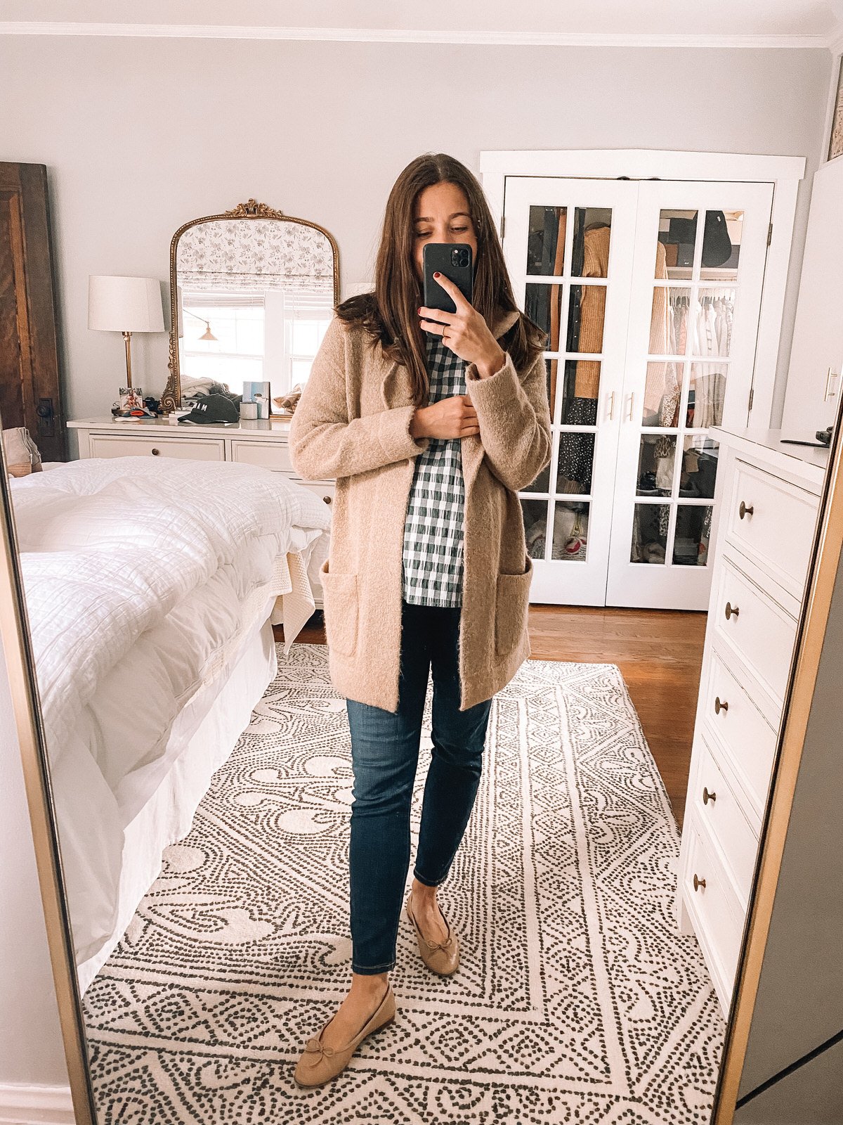 Beige Shacket Outfit with Veja Sneakers