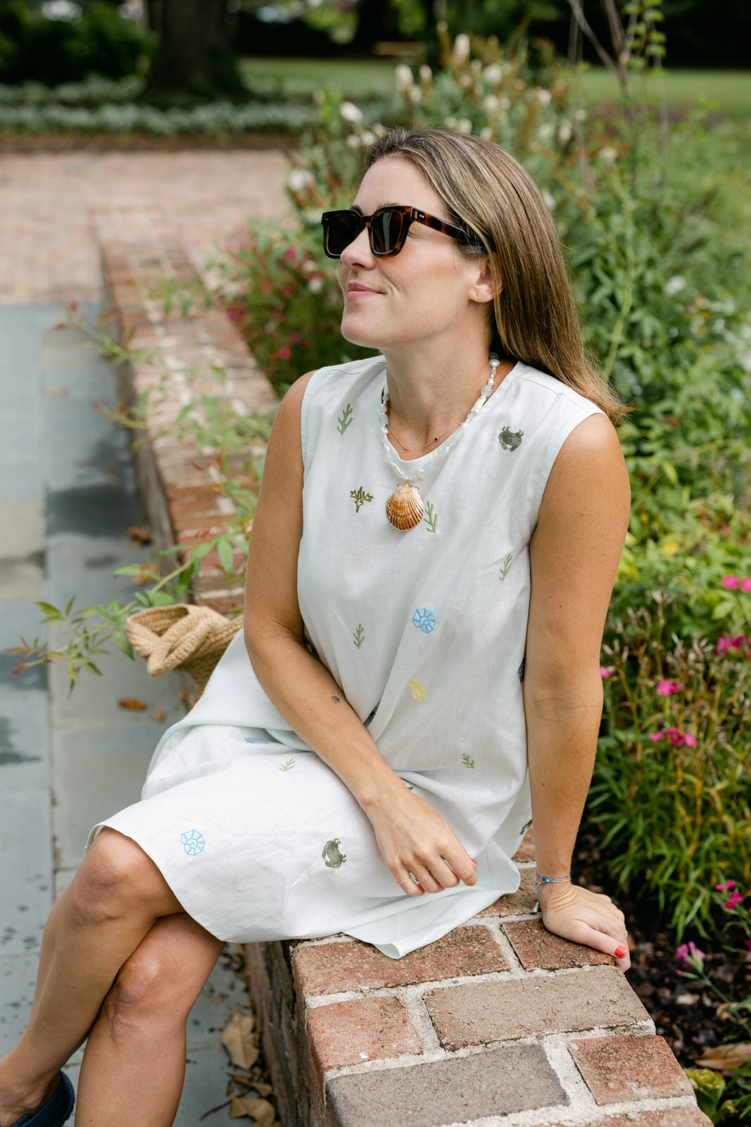 Liz Adams x Fanm Mon Collection, linen shift dress with shell embroidery
