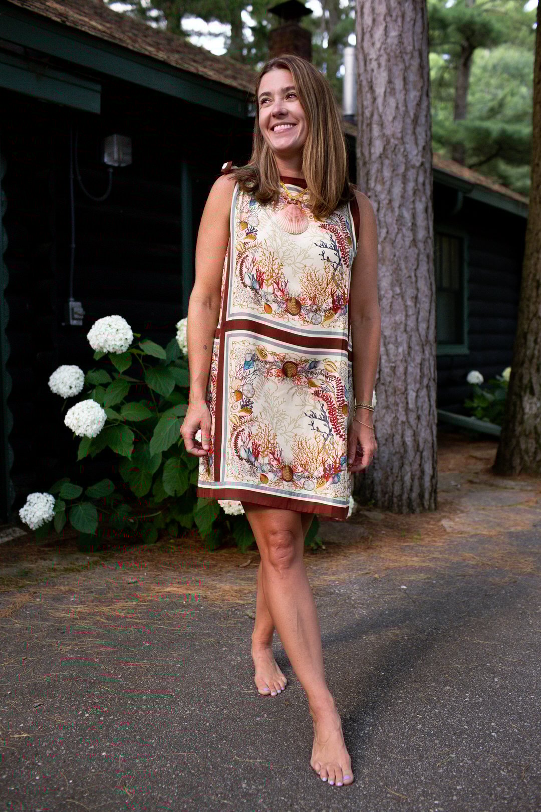 silk doen dress with ties, shell print dress