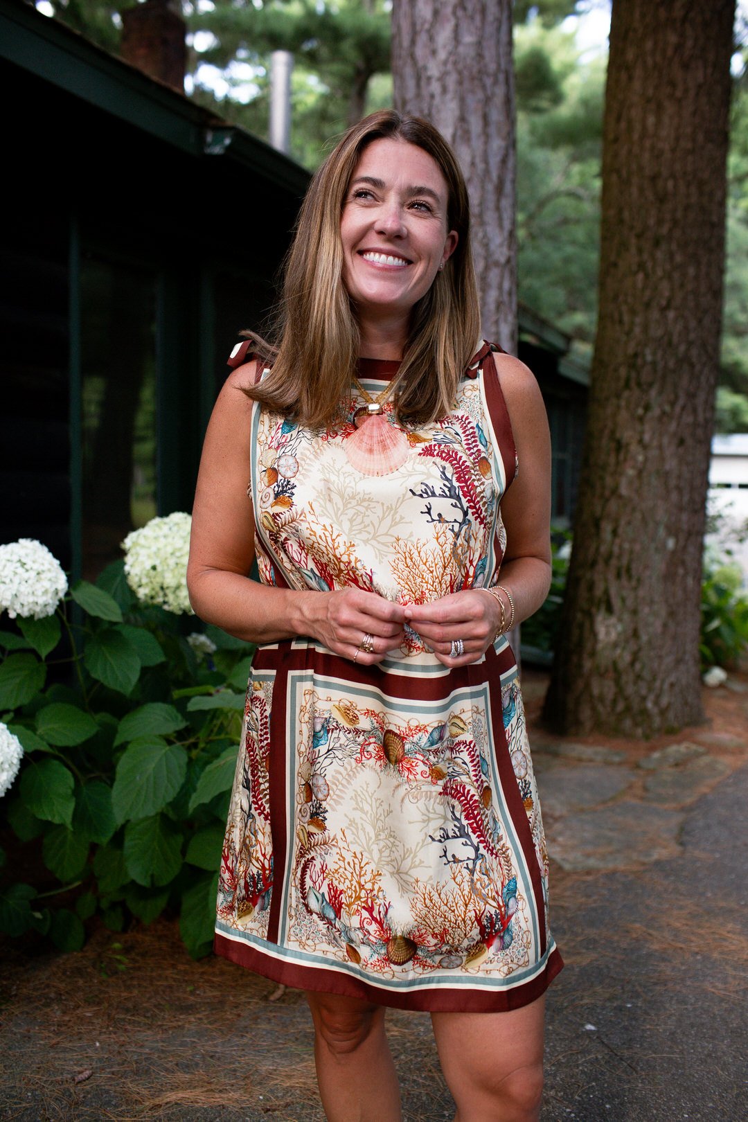 tropical print dress and accessories