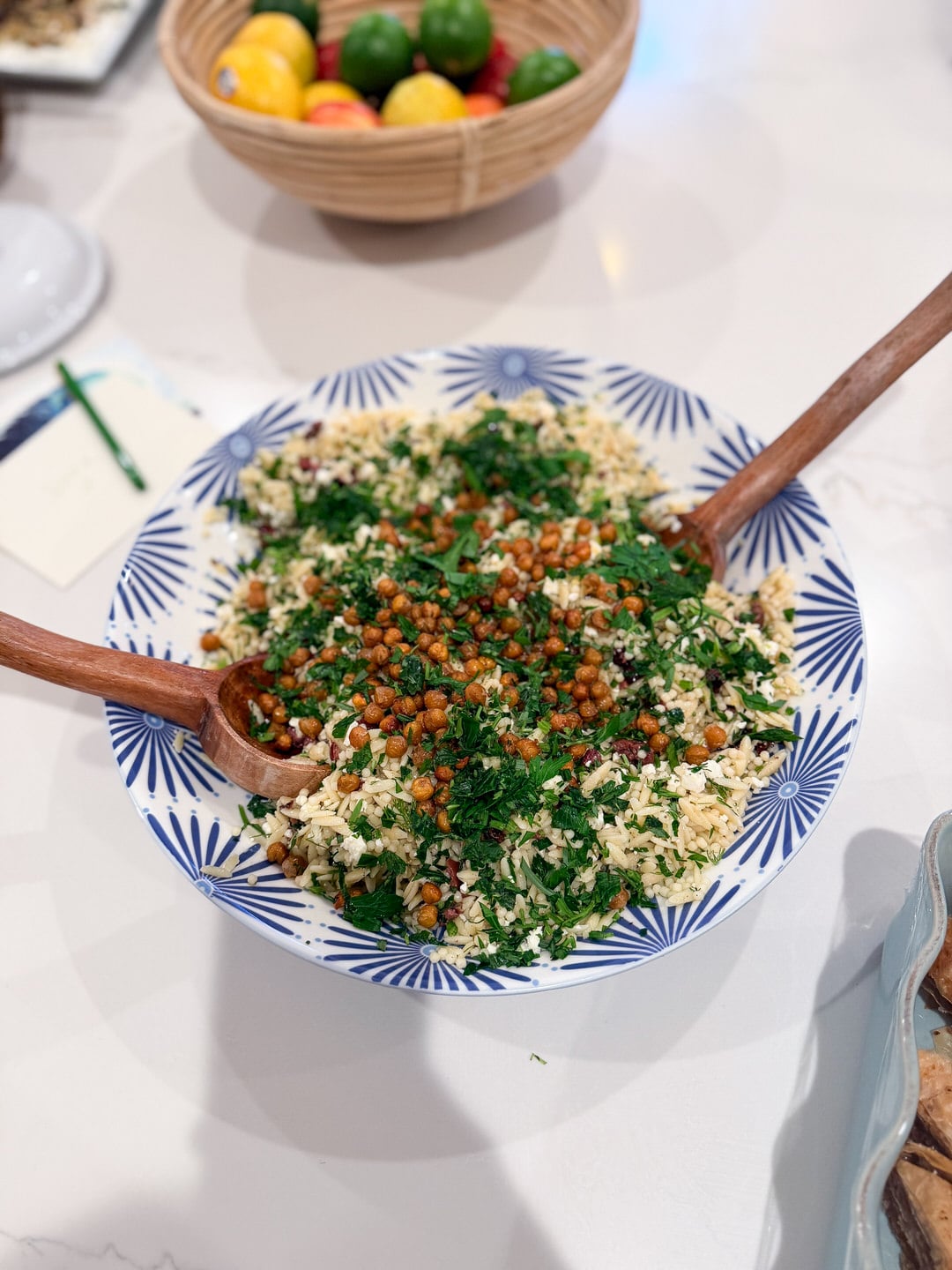 greek orzo salad with fresh herbs and crispy chickpeas