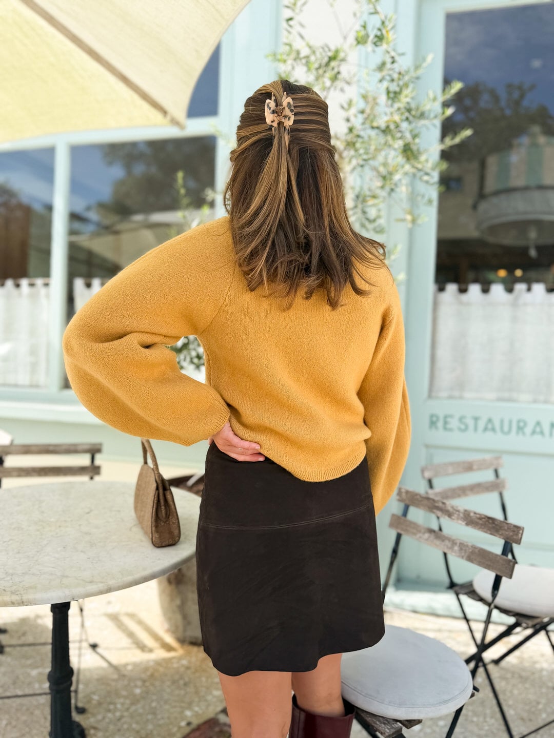 sezane suede skirt and yellow sweater